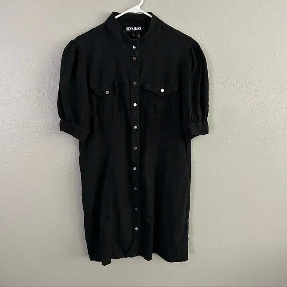 Dkny | Dresses | Dkny Jeans Black Linen Blend Button Front Dress Sz L Puff  Sleeve Mandarin Collar | Poshmark